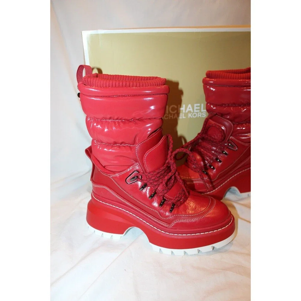 Michael Kors Women Shiloh Combat Boot Mixed Media Red Leather Size 6.5 NIB $295
